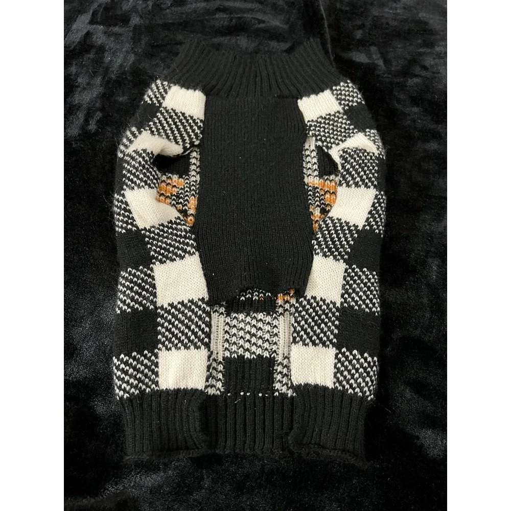 Halloween Cat‎ Dog Pet Clothing  Black White Plaid Jack-O-Lantern Sweater Size L